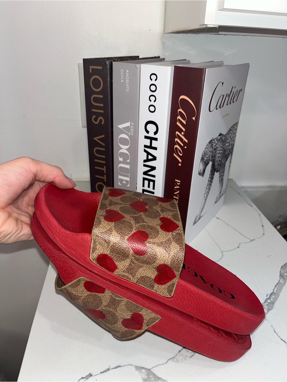 Coach Red Monogram Slide Sandals with Heart Print - Picture 5 of 7